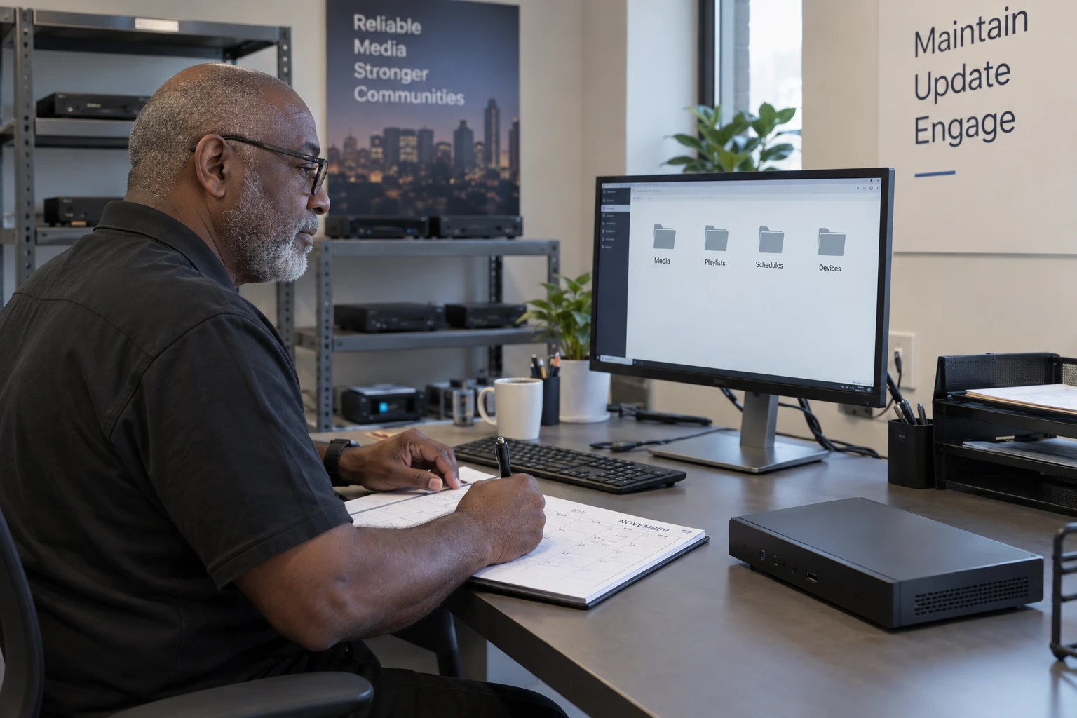 IT specialist reviewing player lifecycle records beside test equipment