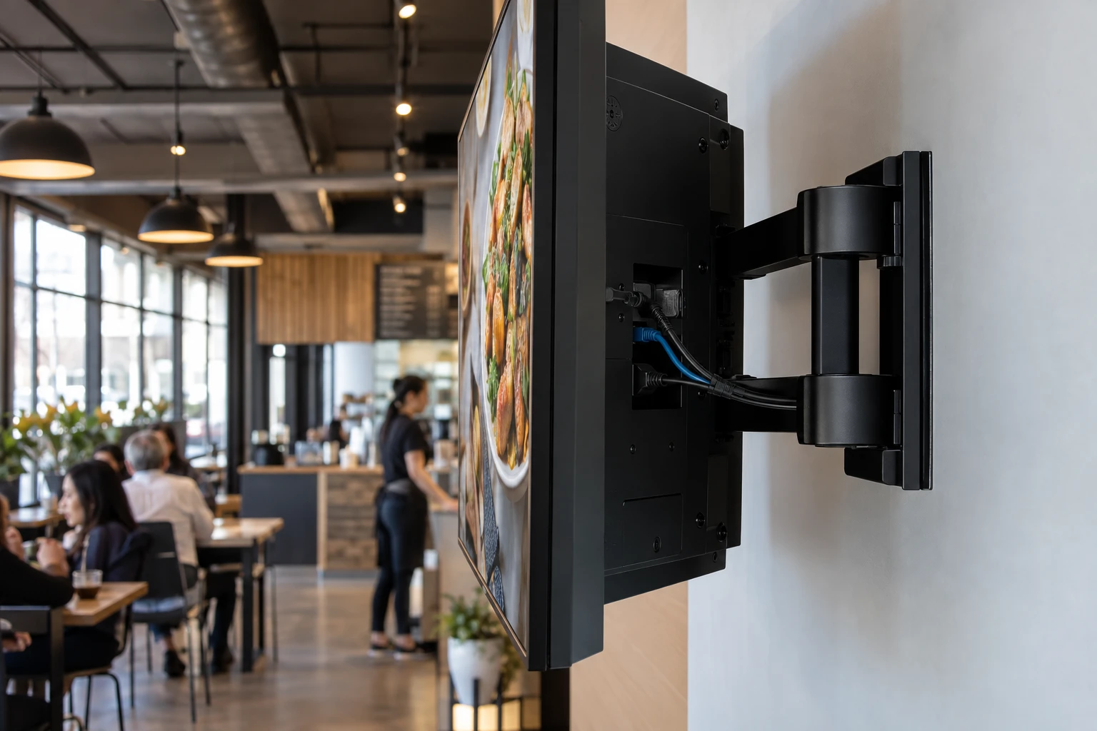 Commercial display with integrated processing installed in a cafe