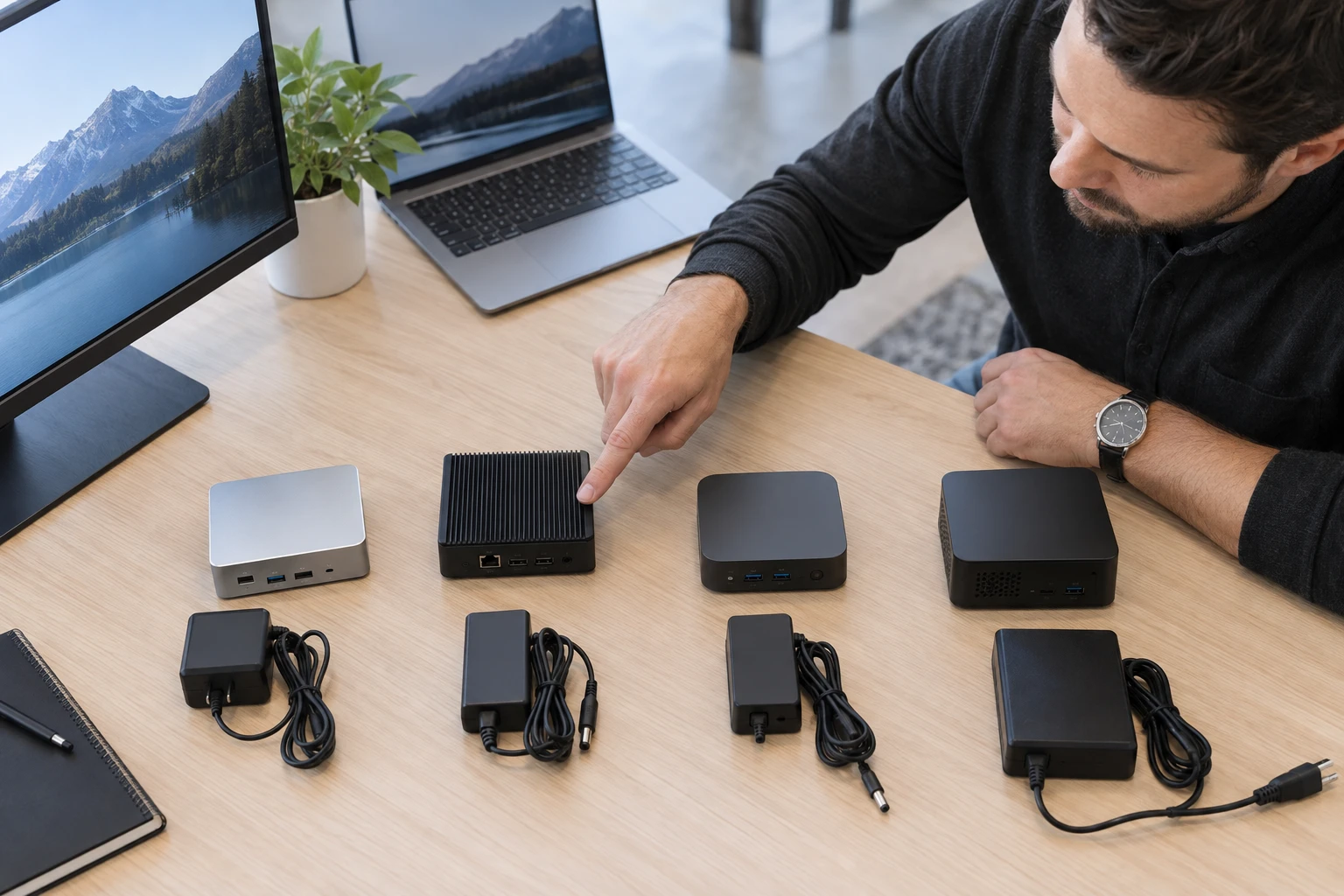 Technician comparing connections on three media player enclosures