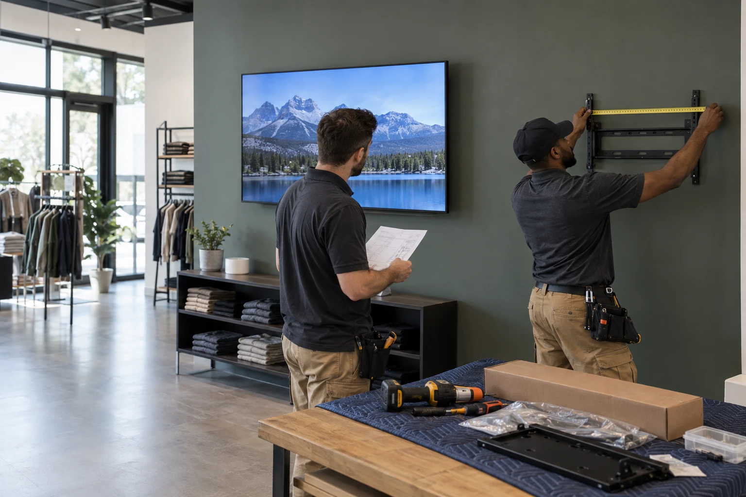 AV team preparing an additional display position in an operating shop