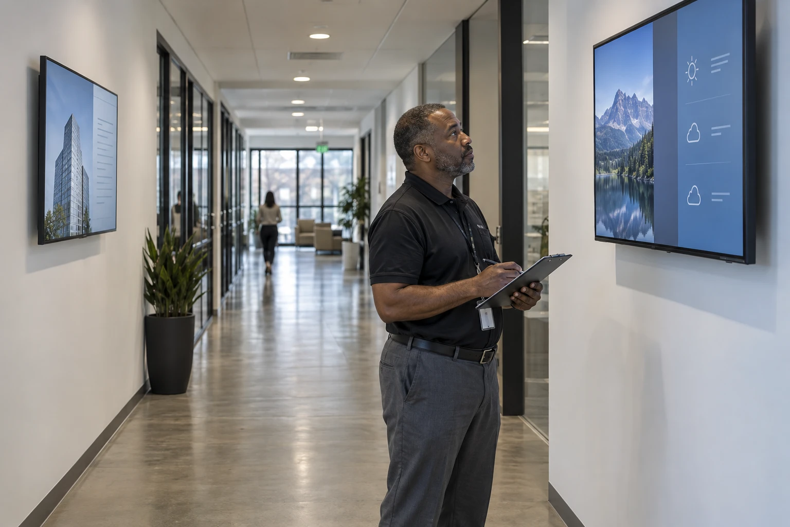 AV specialist inspecting existing screens in a corporate corridor