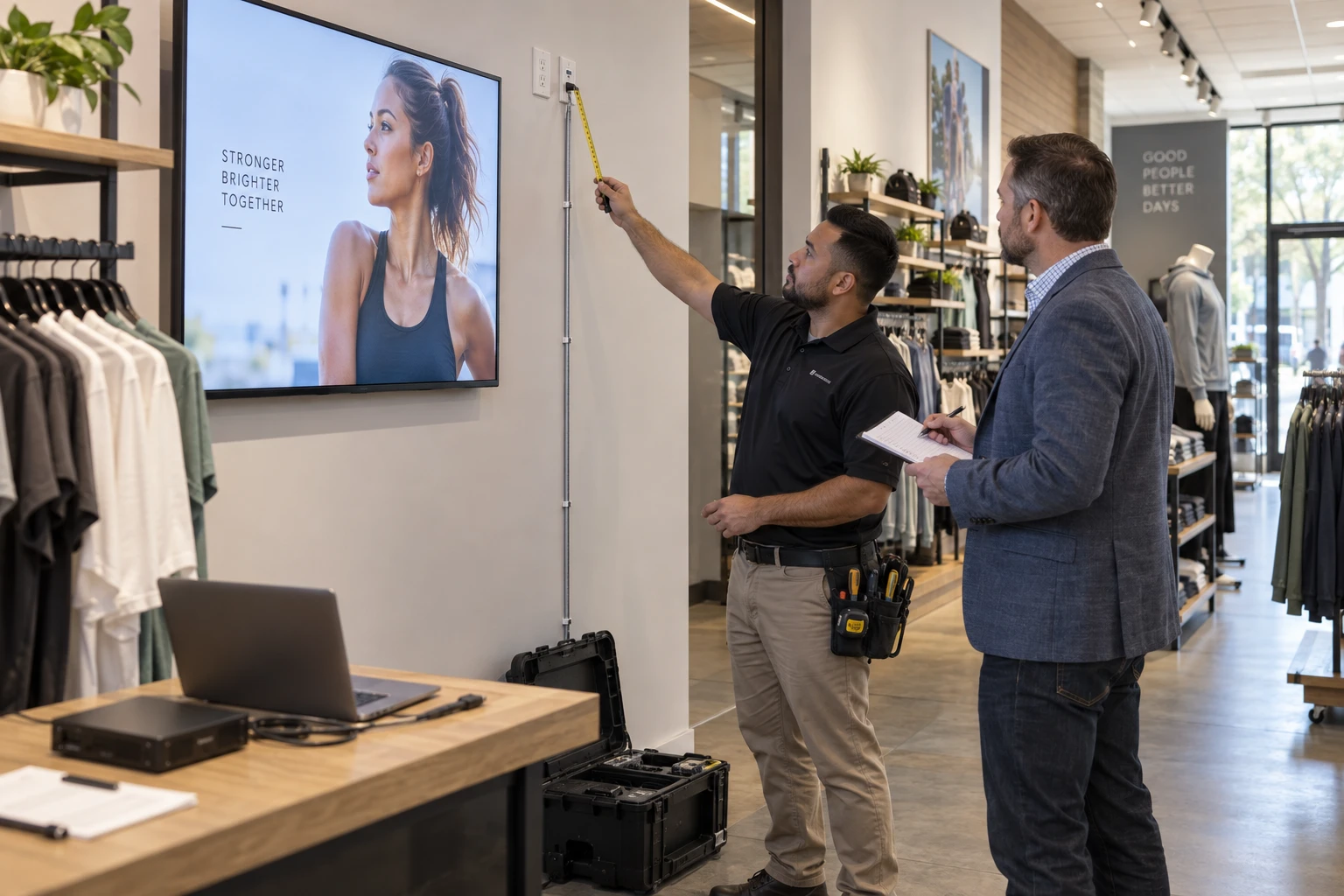 Installer and site manager reviewing a proposed retail display location.