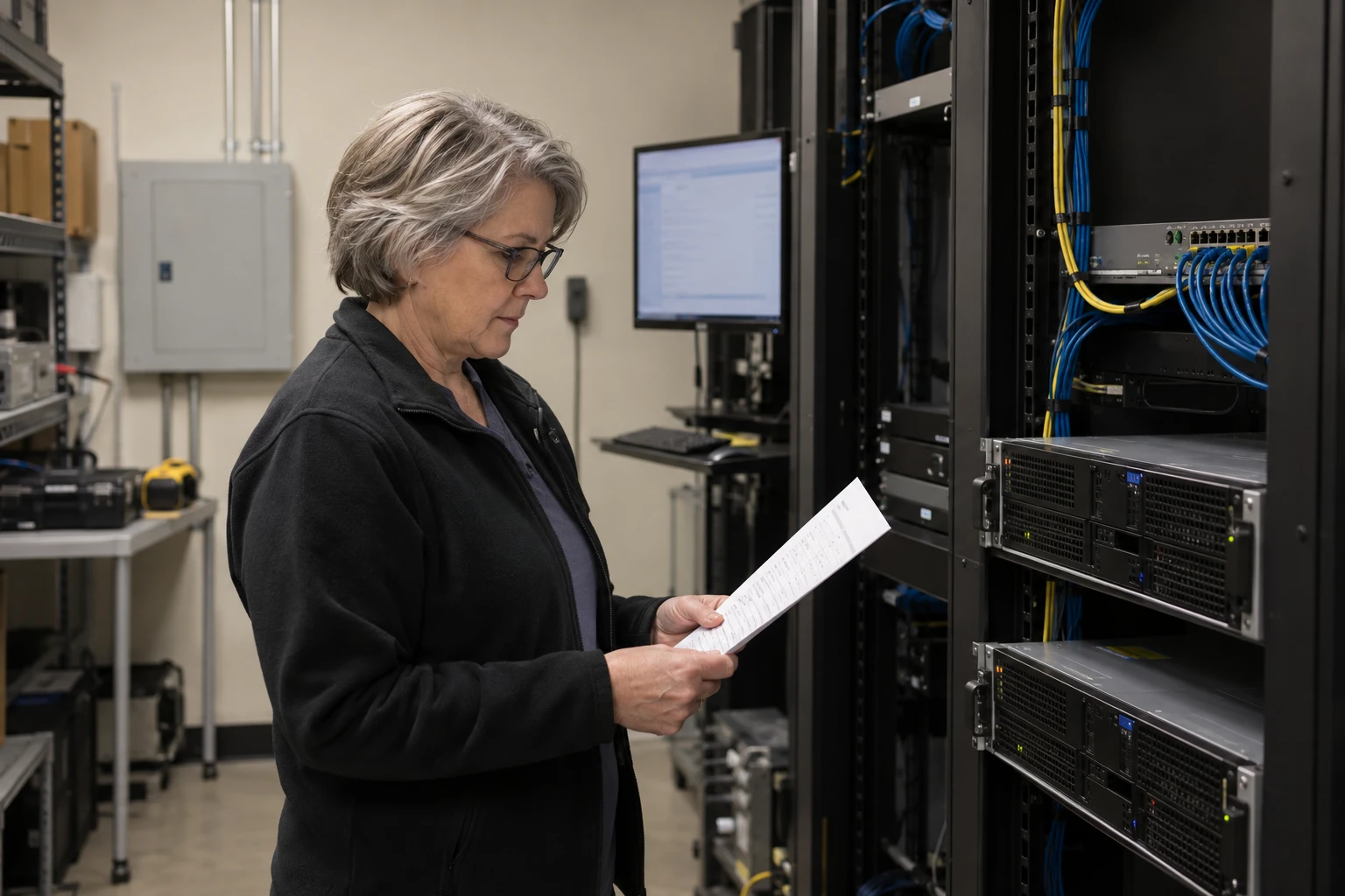 IT specialist inspecting a small on-site server cabinet