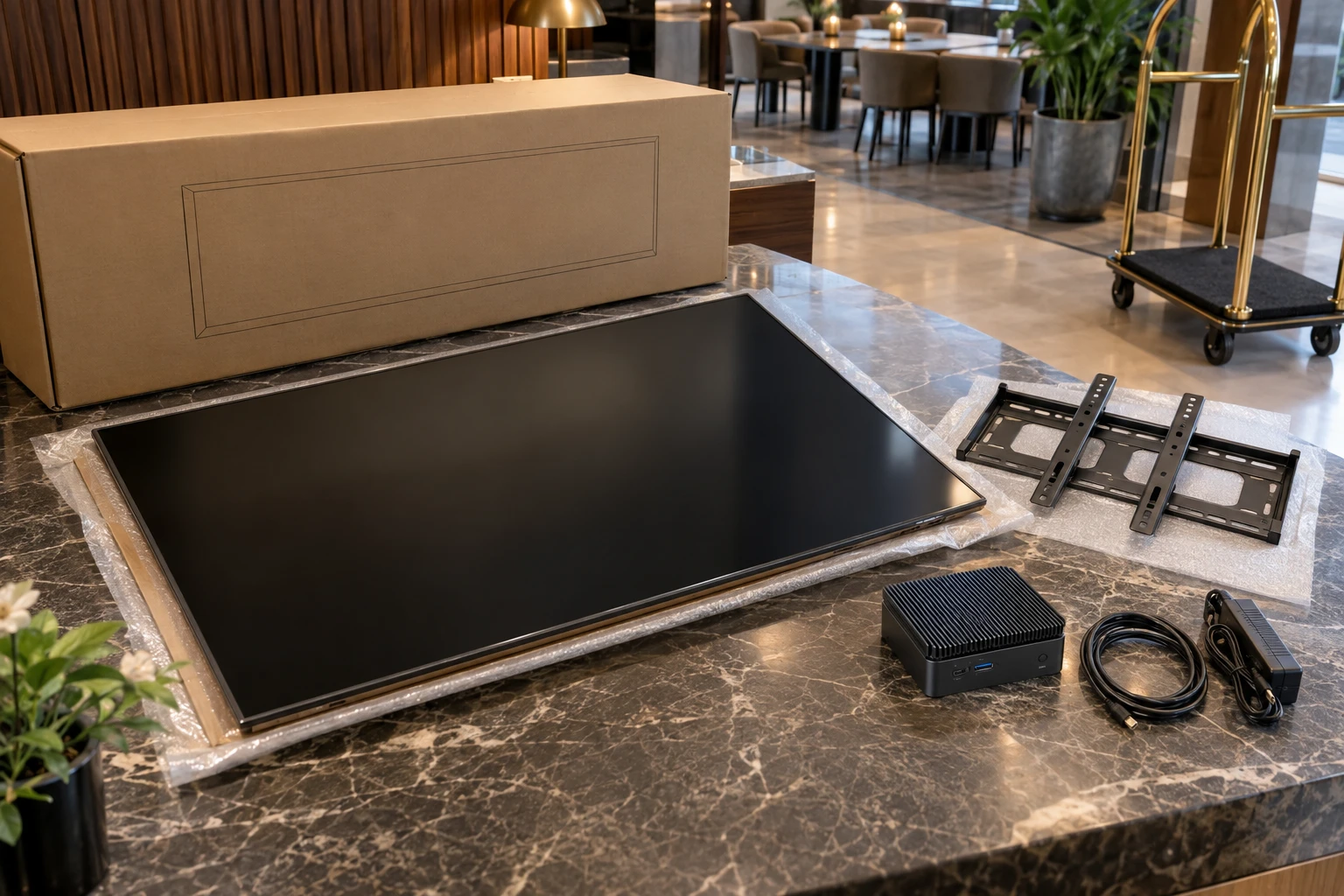 Project-specific digital signage hardware prepared for deployment.