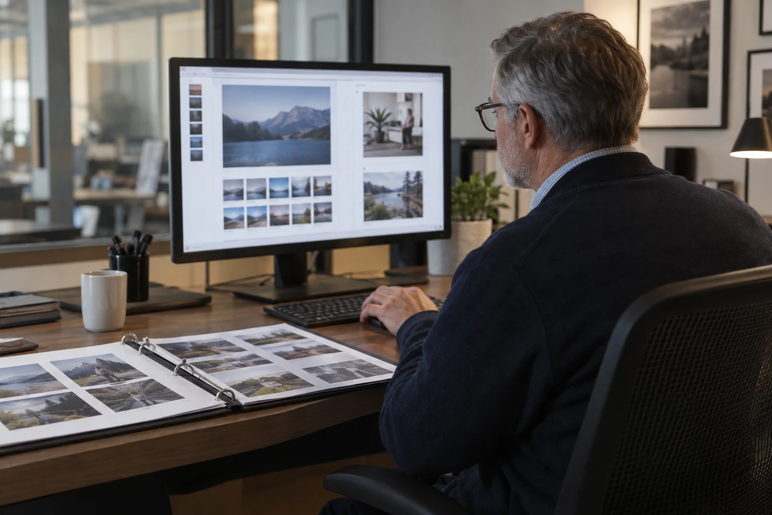 Provider reviewing separate customer content folders at a service desk