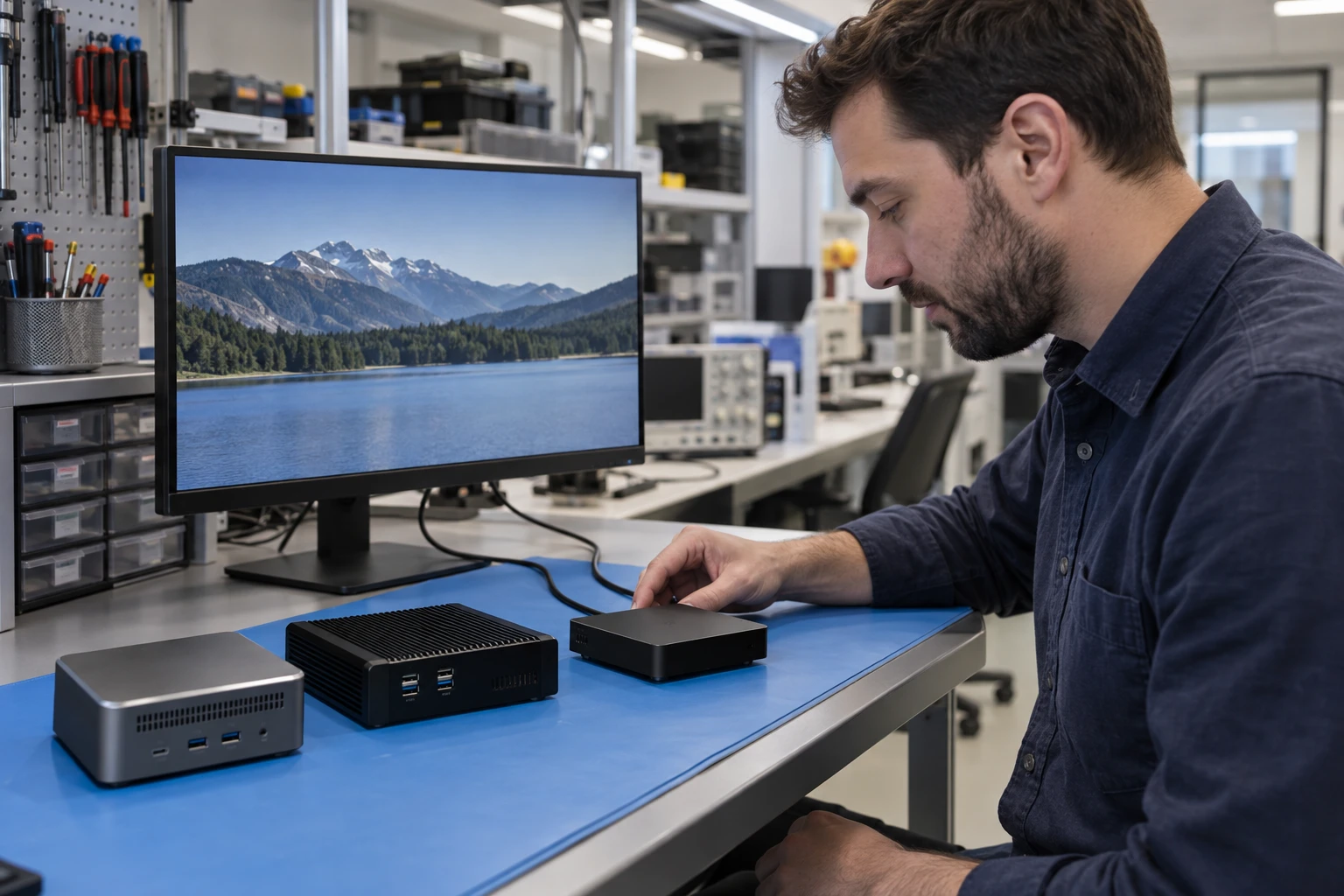Compact media players and display mounting hardware on an AV bench