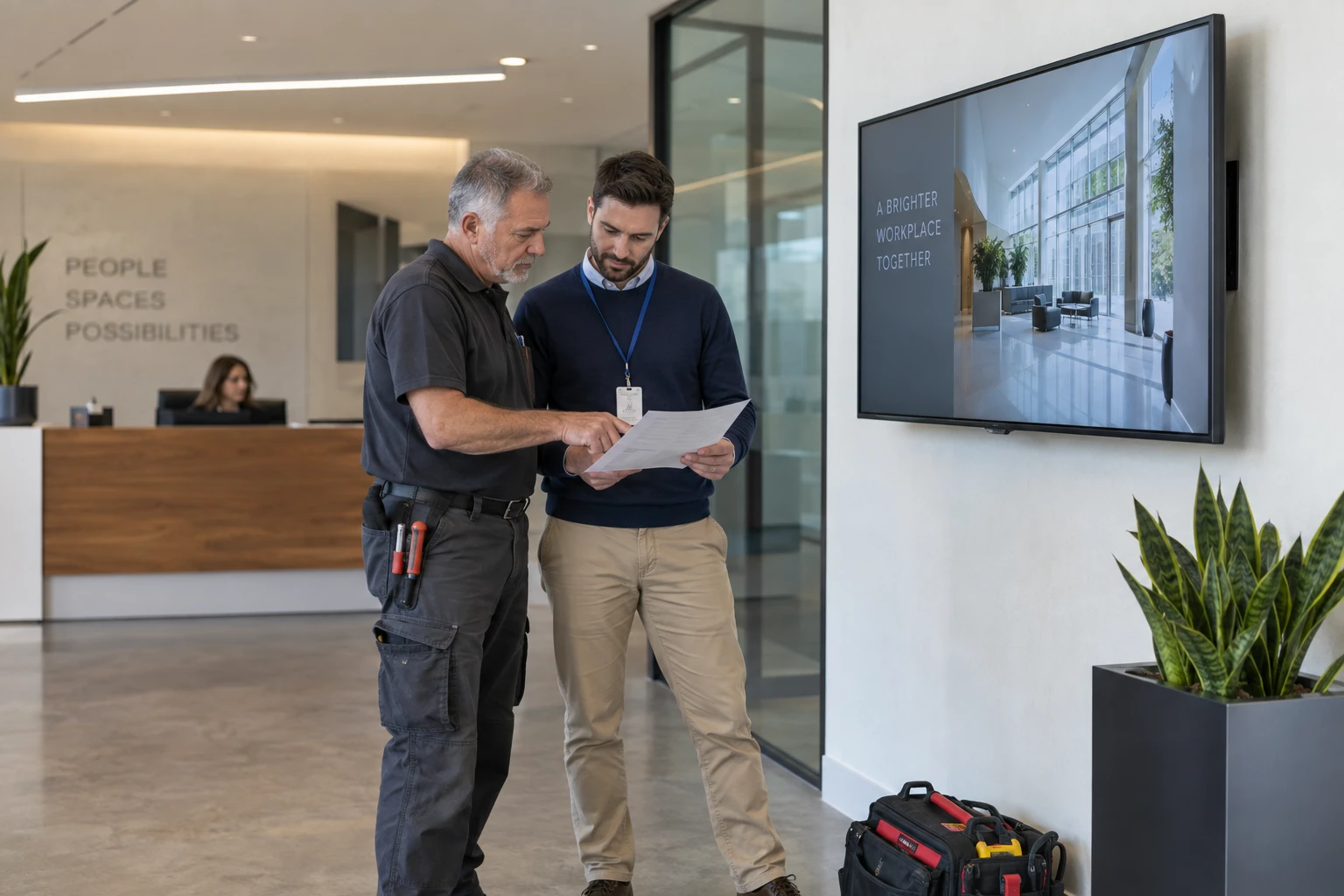 AV installer handing over a completed signage installation to a facilities manager
