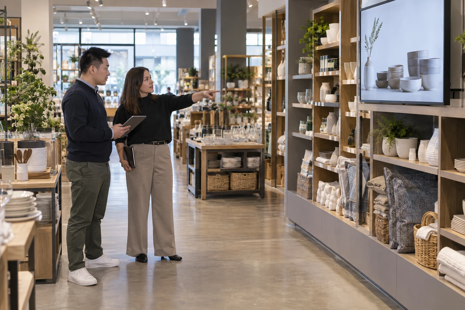 AV specialist reviewing a retail display location with a store manager