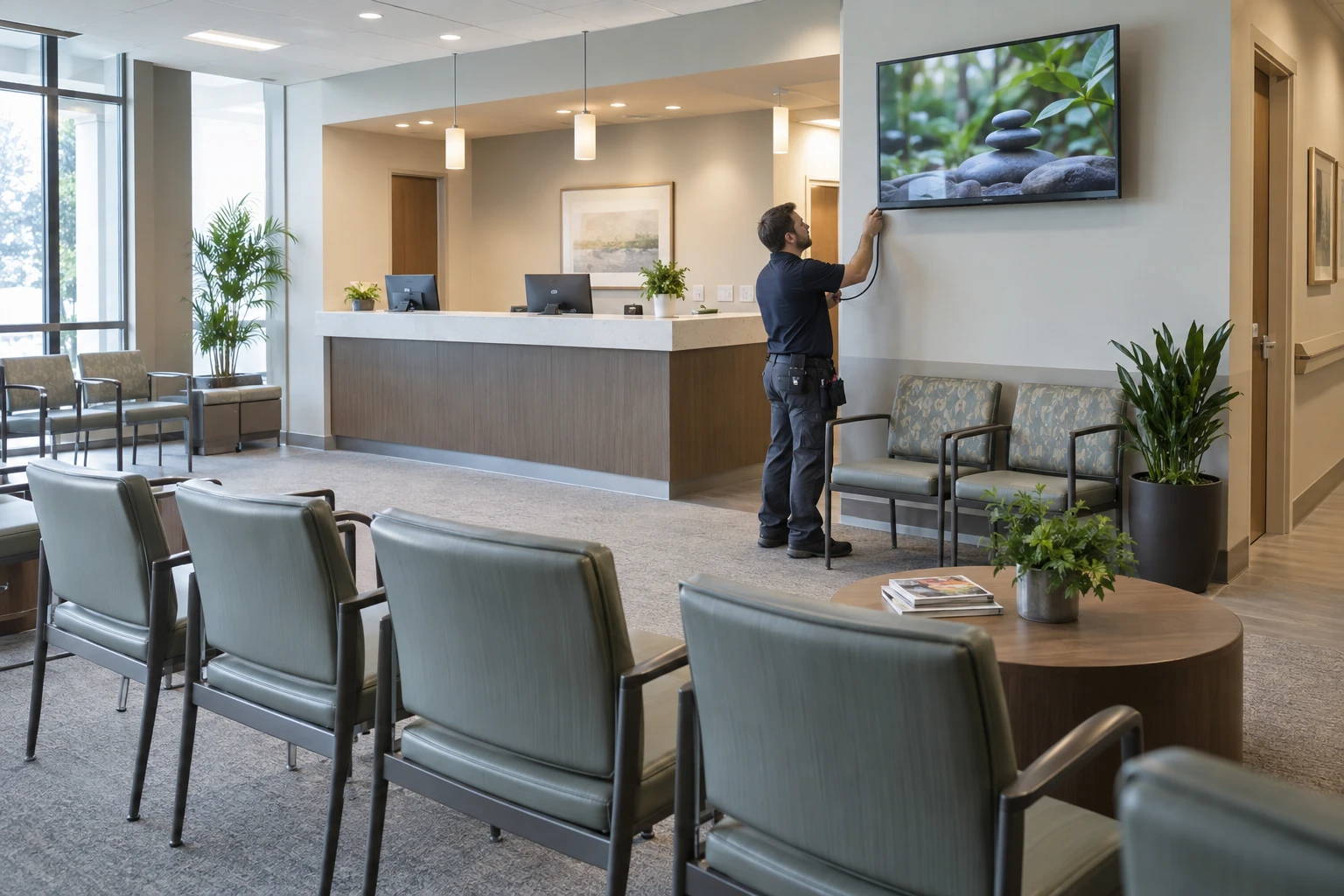 IT technician inspecting a waiting-room display at a medical practice