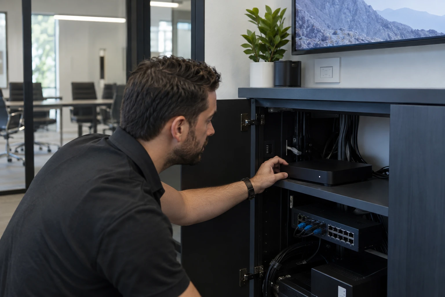 Signage player installed beside managed network equipment in a cabinet