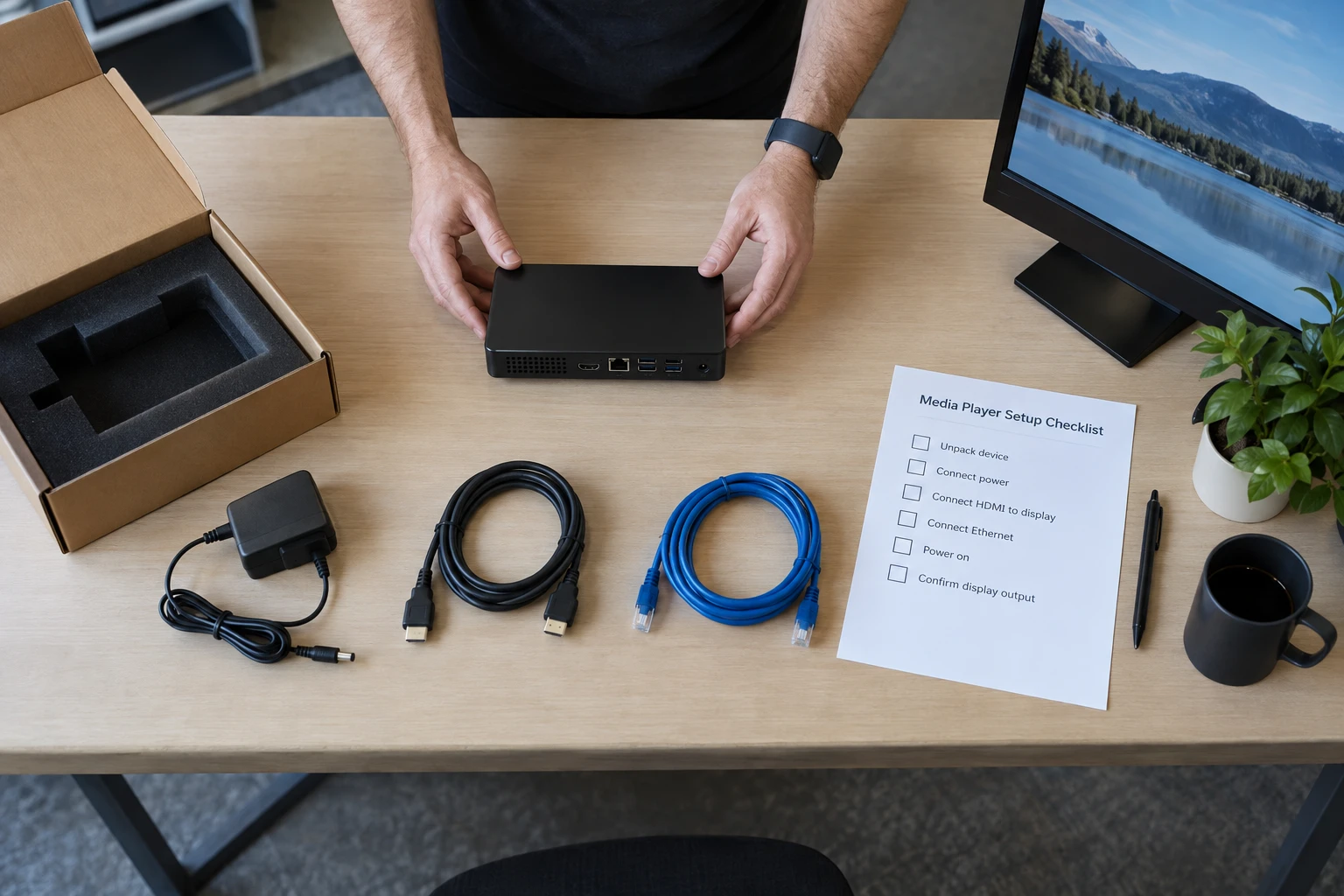 IT specialist checking a signage setup kit before a customer deployment