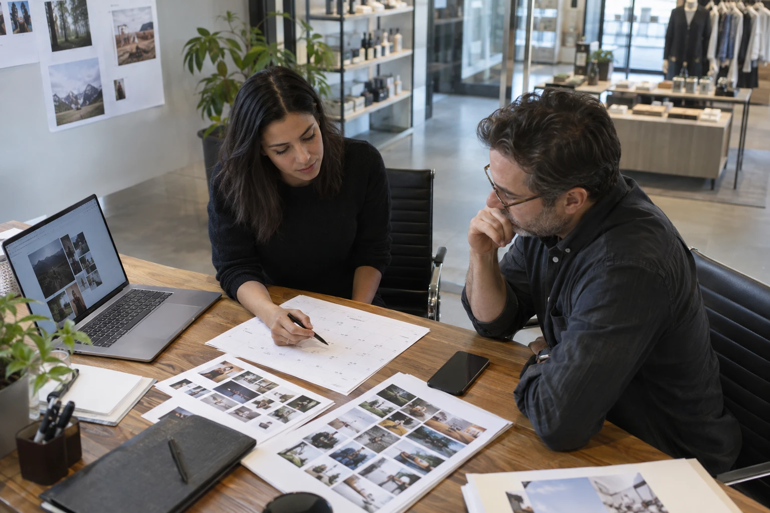 Agency producer and client reviewing a screen-content schedule