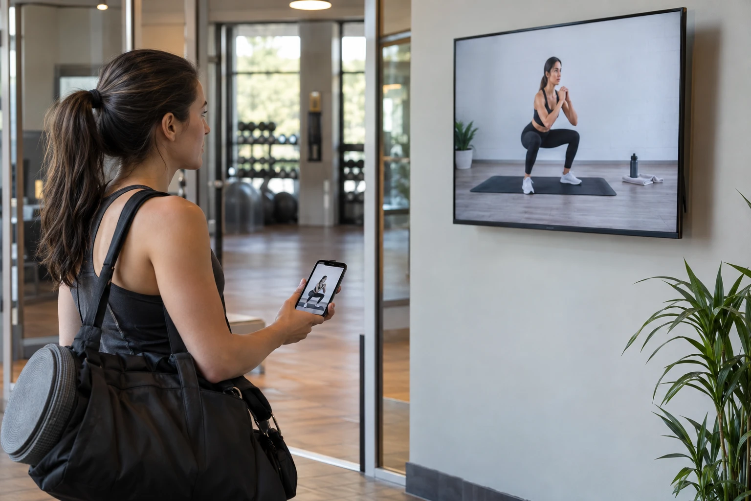 Shop visitor viewing a phone beside a coordinated in-store display