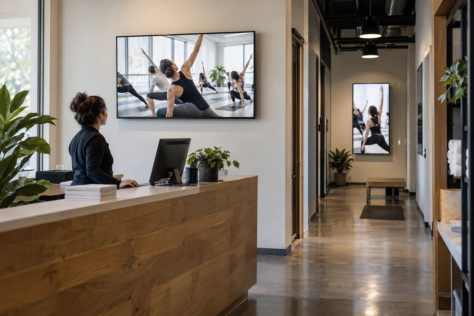 Coordinated digital campaign displayed in a fitness facility reception