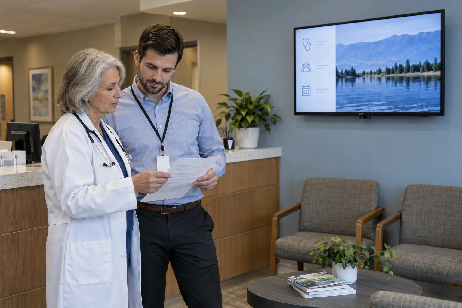 MSP specialist explaining signage service responsibilities to an office manager