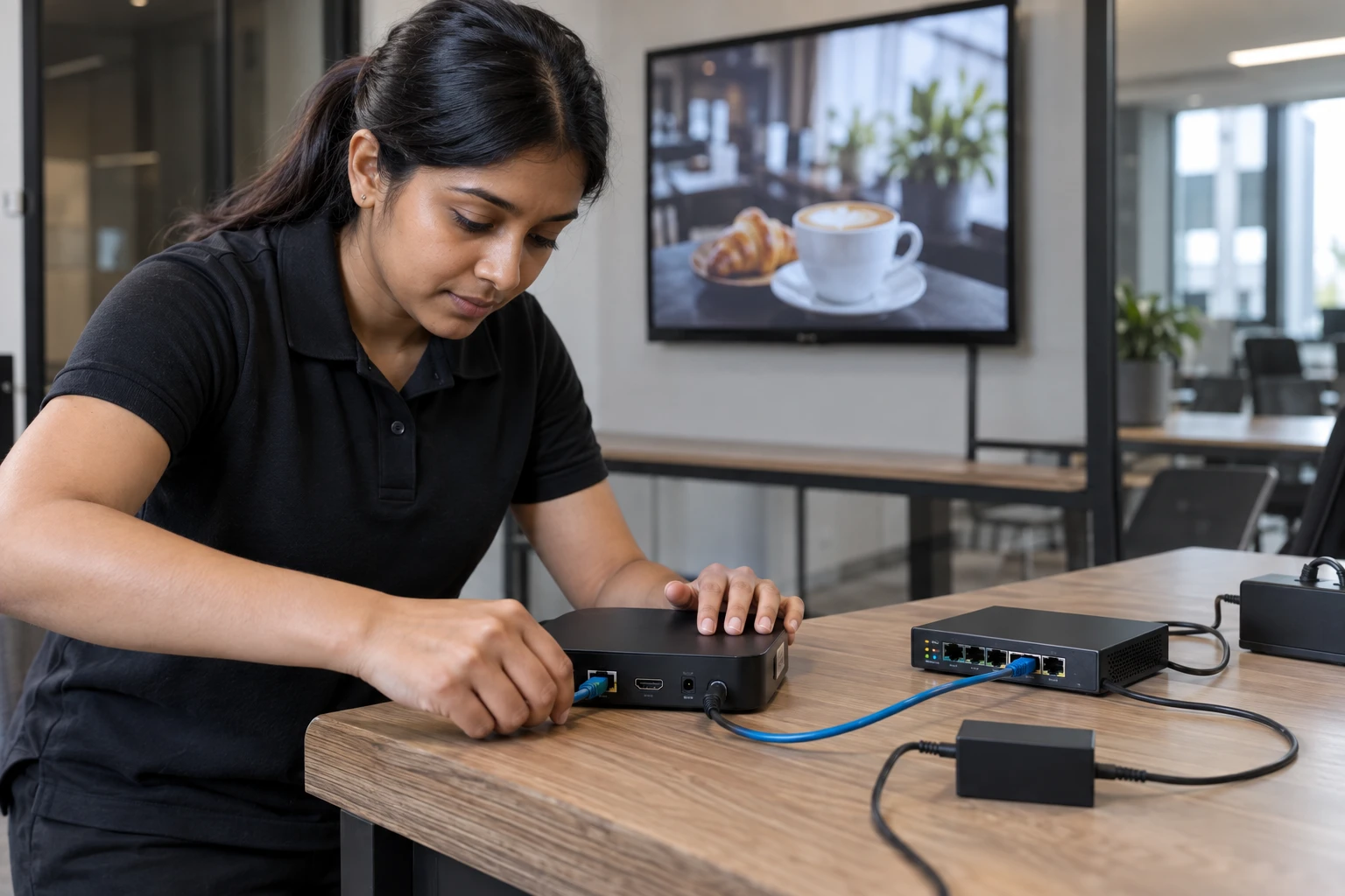MSP technician connecting a signage player to a network switch