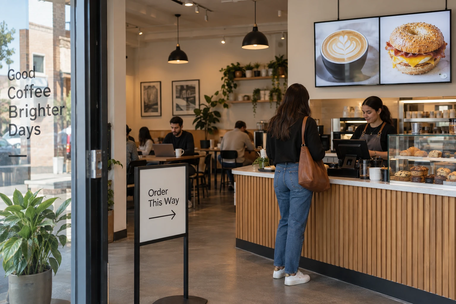 Printed window graphics and a digital menu display in a cafe