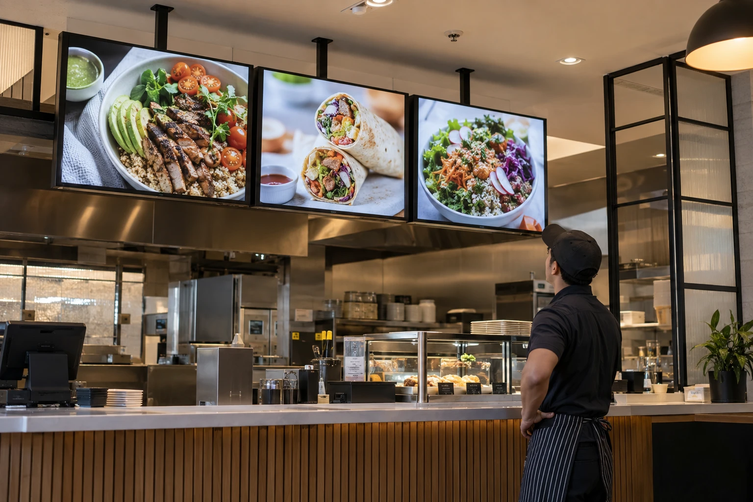 Sign company installer checking coordinated restaurant menu displays