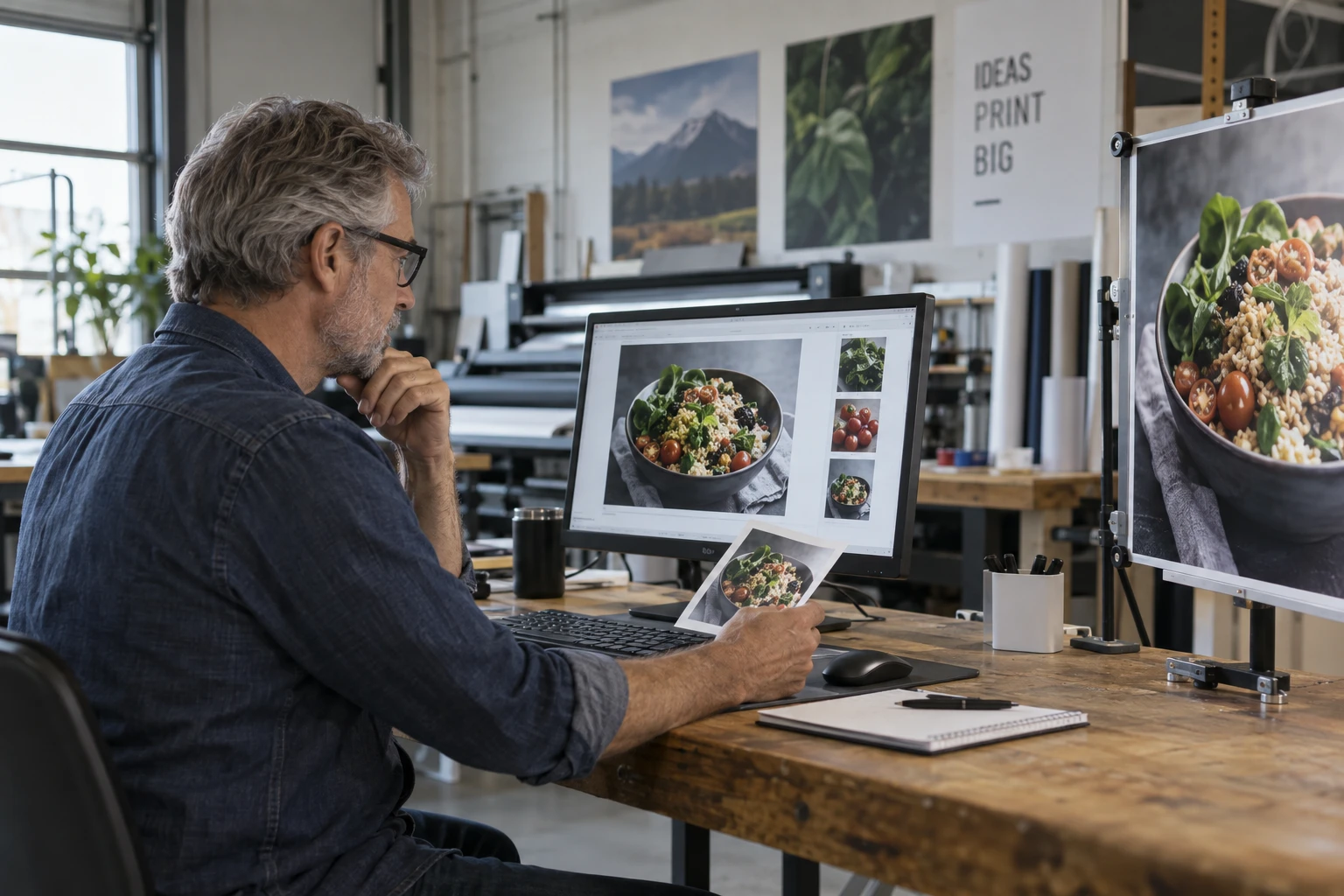 Graphic designer adapting a printed menu design for a landscape display