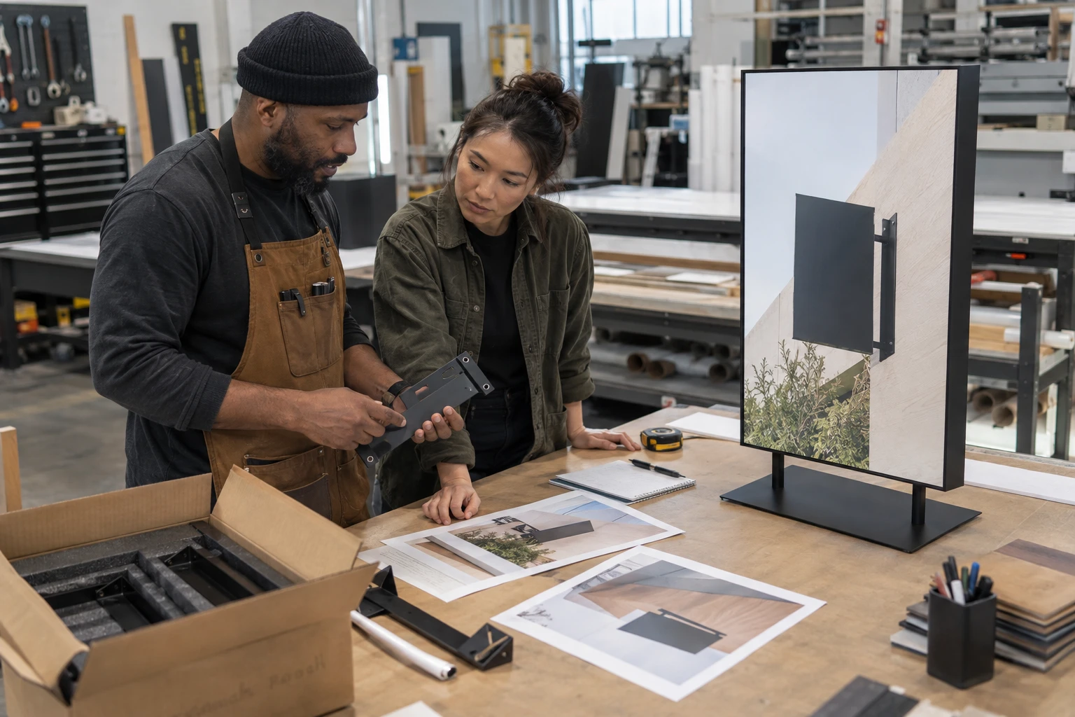 Sign shop team preparing a display, mounting kit and screen artwork