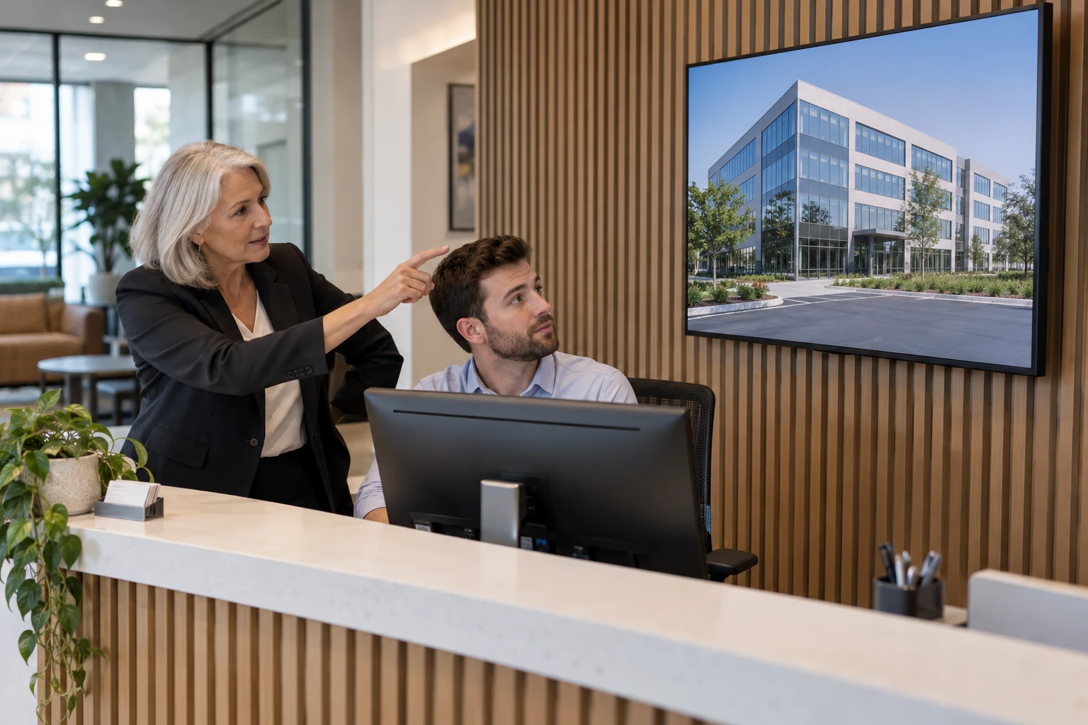 Consultant training a client employee at a completed signage installation