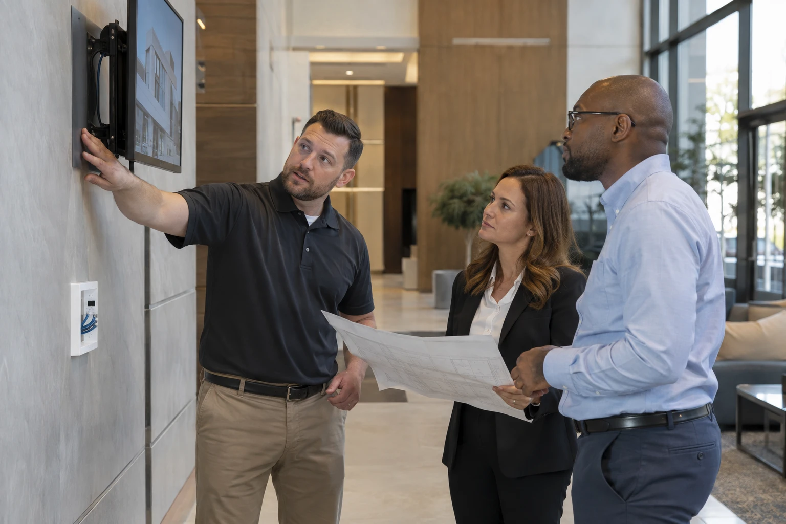 Consultant coordinating AV and IT specialists at a customer site