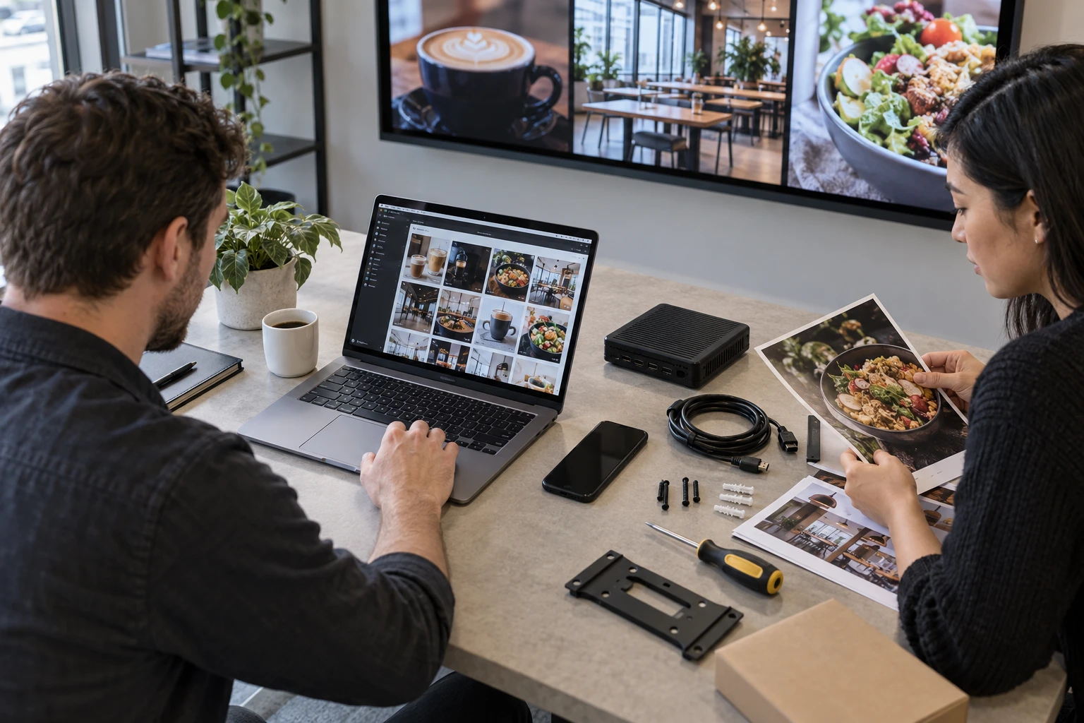 Signage equipment, installation tools and content materials on a worktable.
