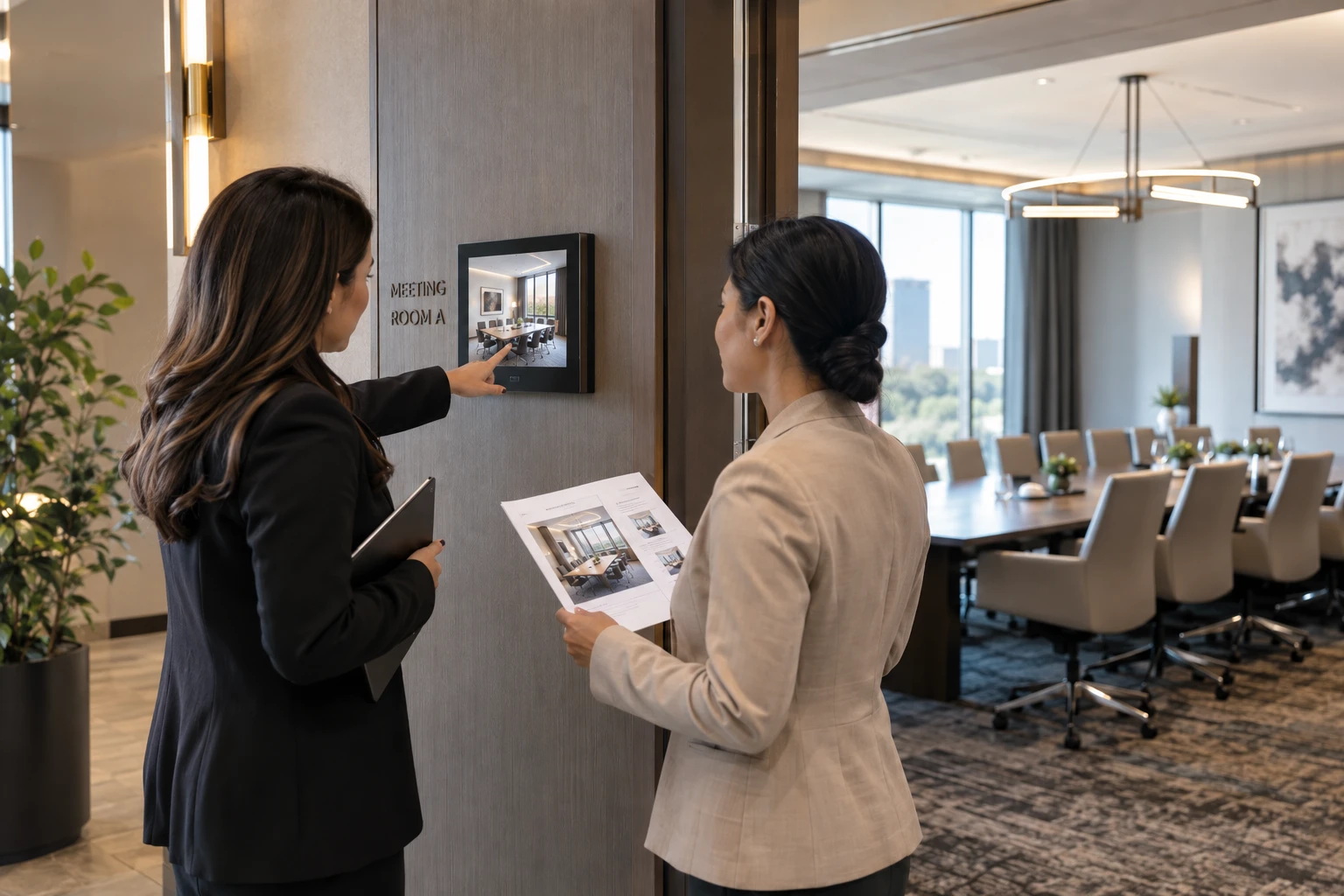 Hospitality coordinator reviewing signage content for a meeting space
