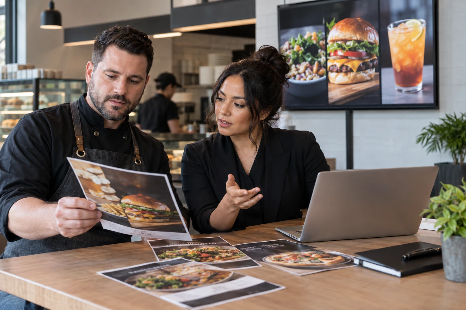 Provider and restaurant manager reviewing ongoing signage content needs.