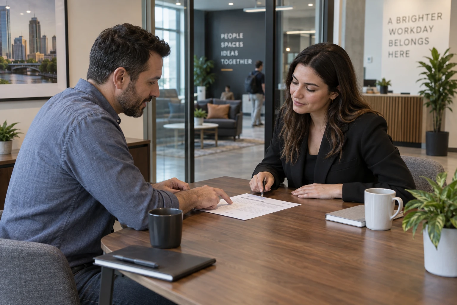 Provider and customer reviewing the continuing signage service