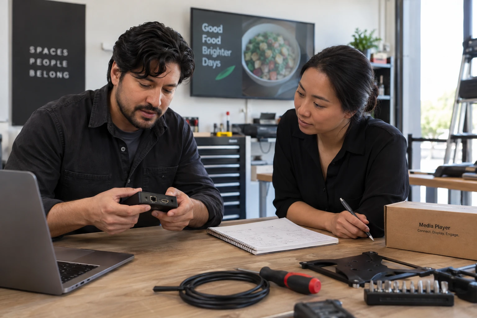 Support colleagues reviewing equipment during a software evaluation.