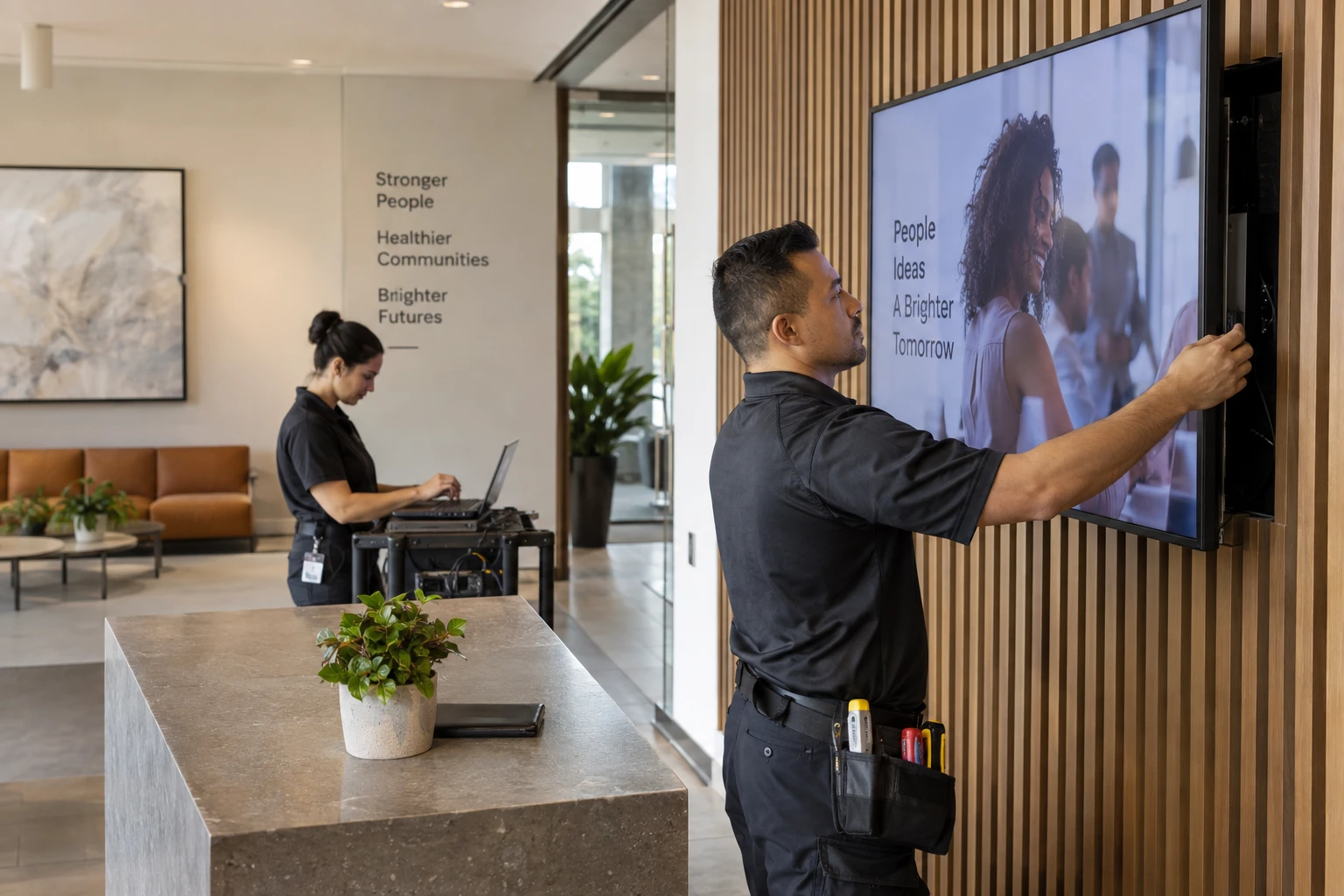 AV team installing a commercial signage display.