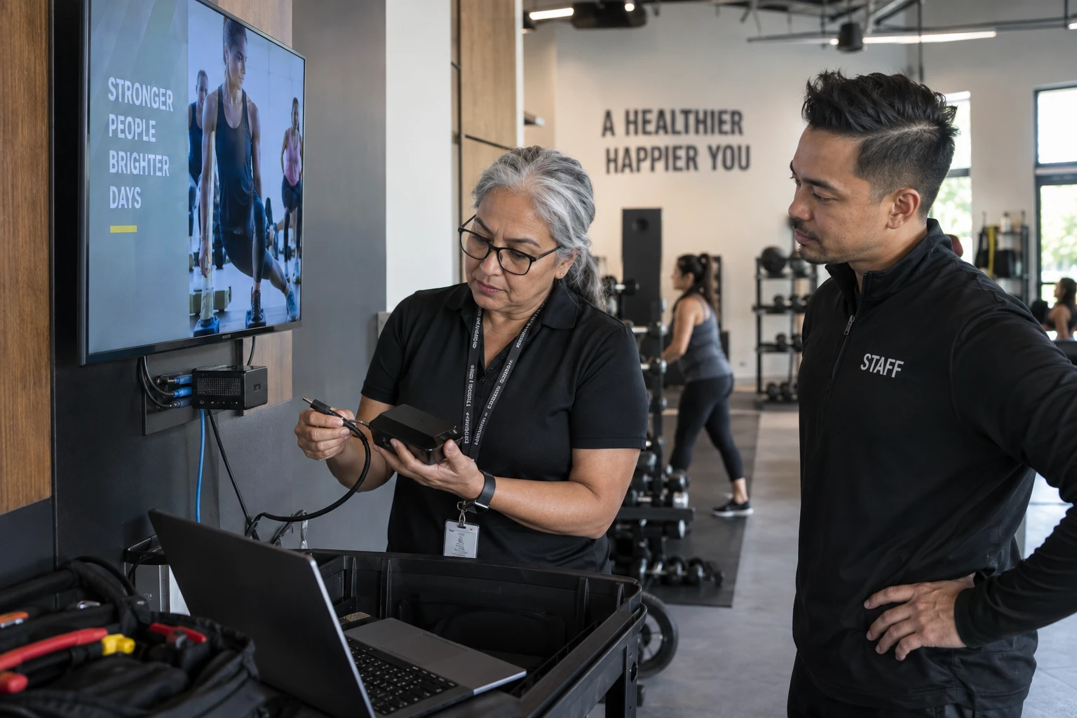 IT provider checking a signage player at a fitness business.