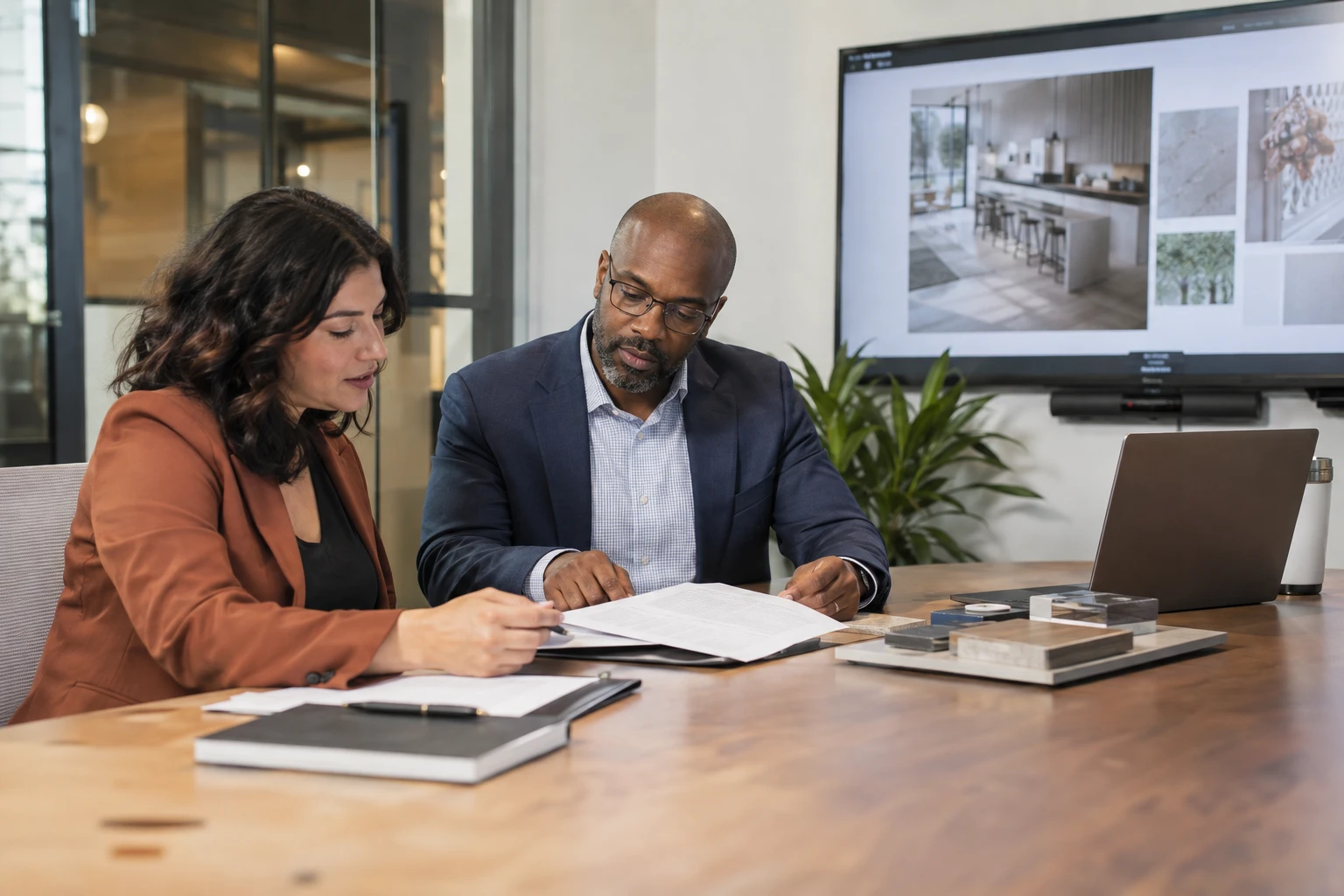Professionals reviewing responsibilities in a signage partner agreement.
