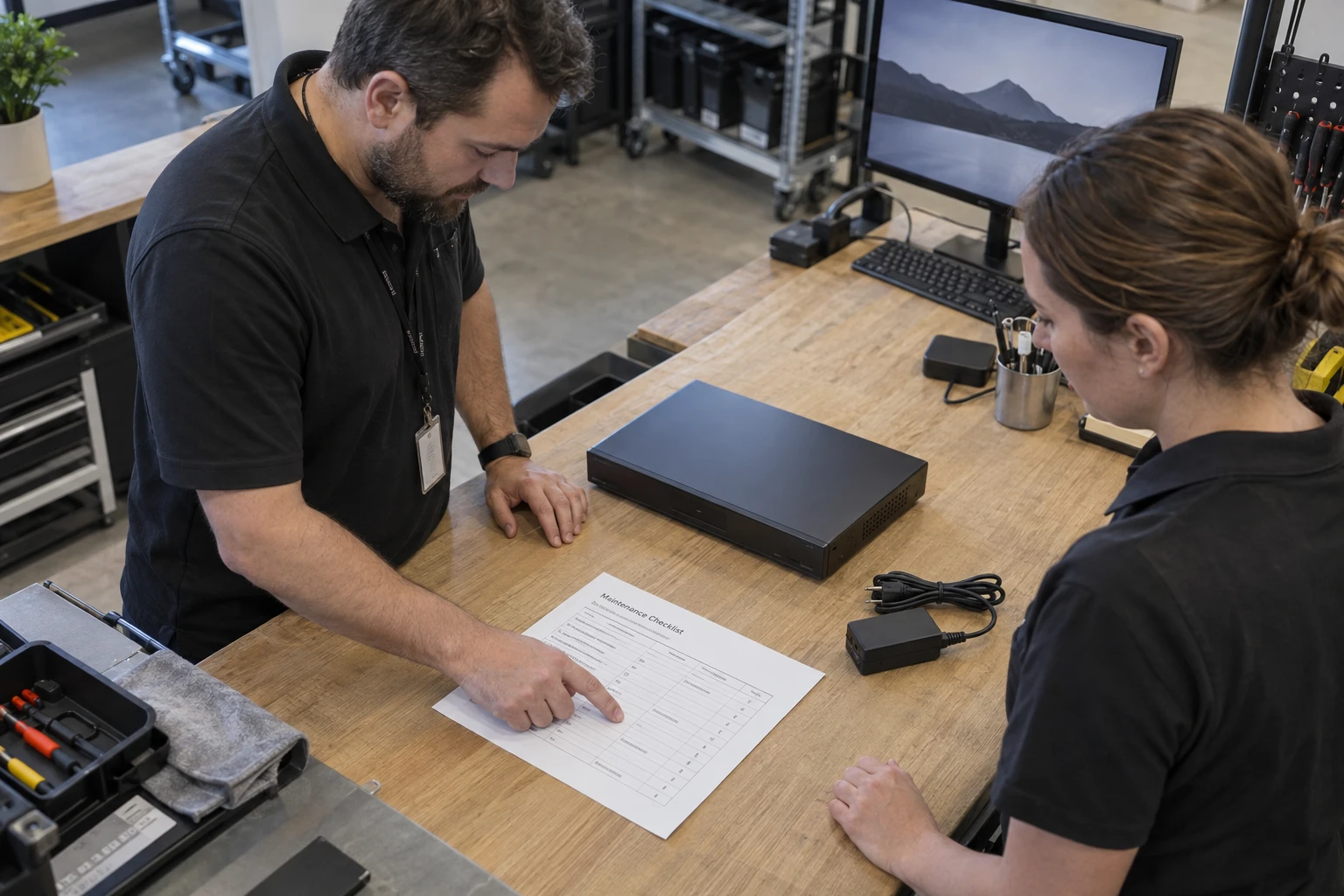 Technician comparing a service record with an older signage player