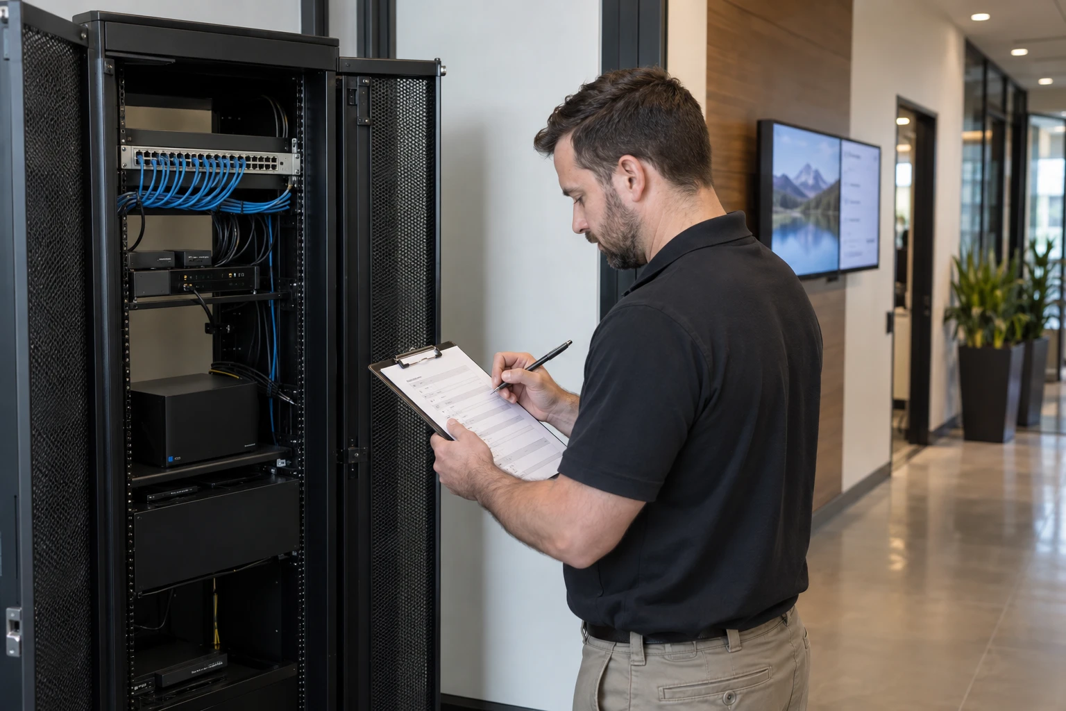 IT specialist checking the network cabinet serving a signage display