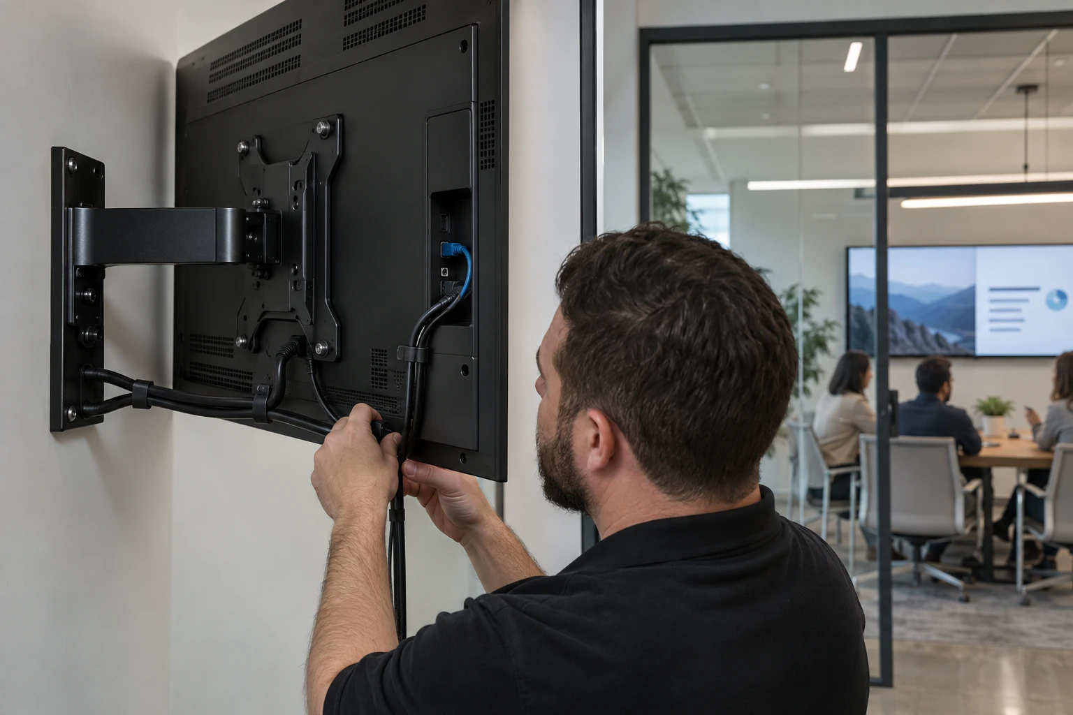 Enclosed media player mounted behind a commercial display with tidy cabling