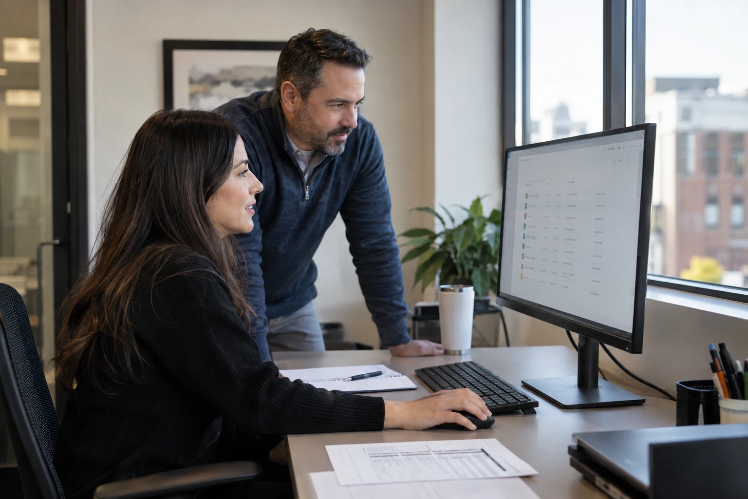 Administrator reviewing signage user responsibilities with a customer