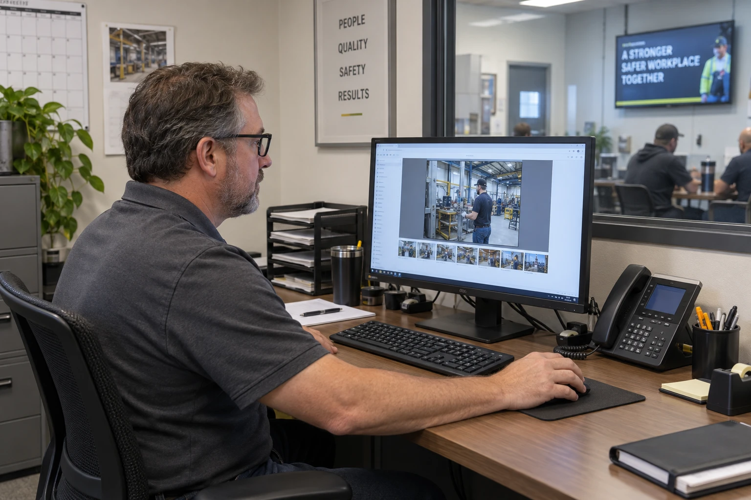 Factory office coordinator updating employee-screen content