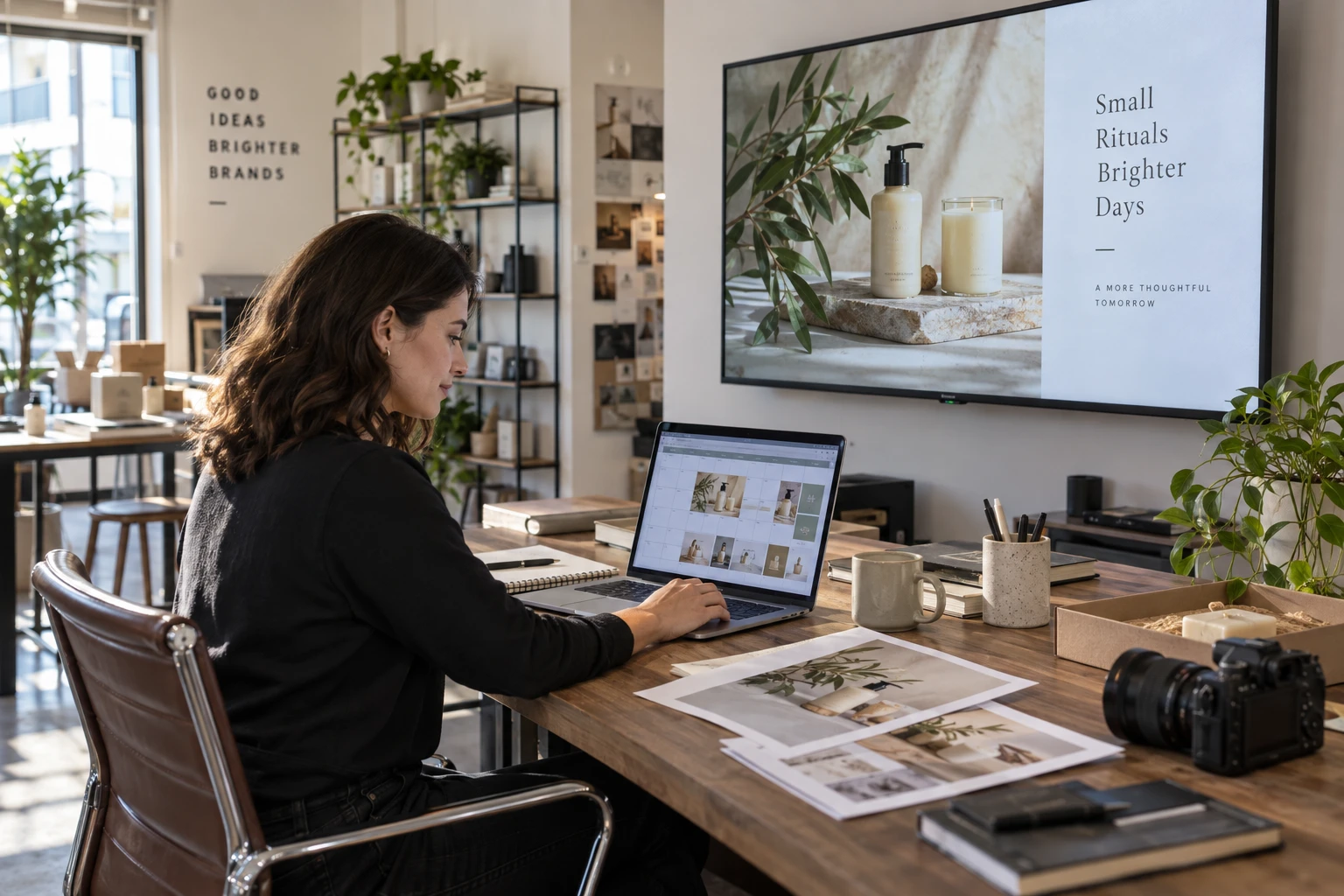 Service employee preparing customer signage content for publication.
