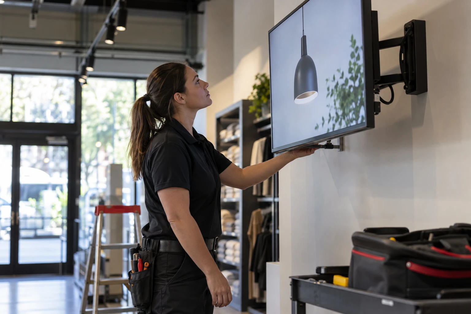 Technician inspecting an existing player behind a store display