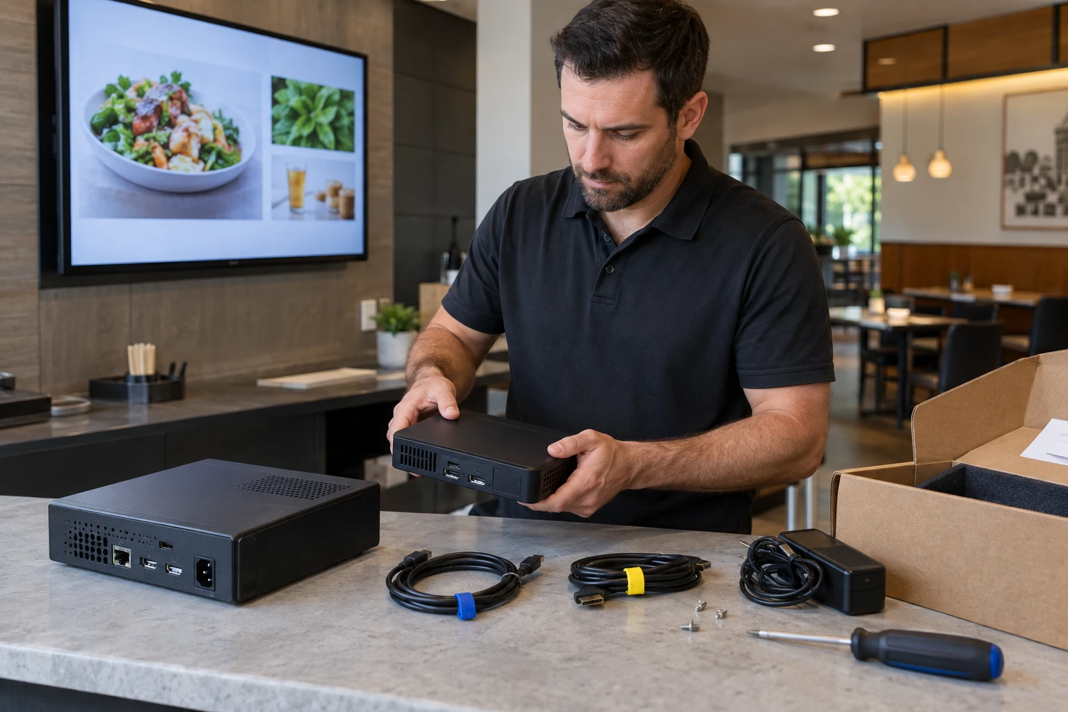 Technician preparing a replacement player beside an older unit