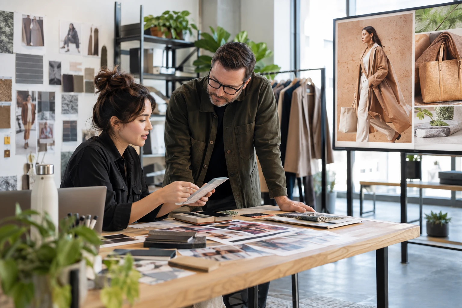 Designer and provider preparing promotional signage content.