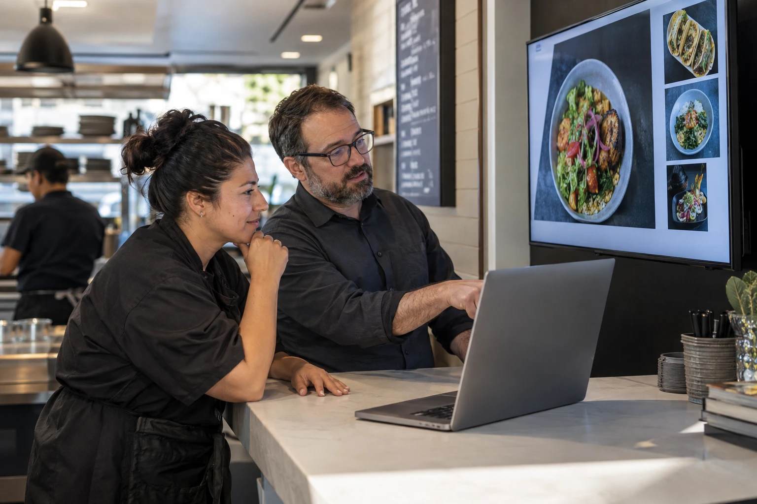 Provider and restaurant manager reviewing a signage content update.