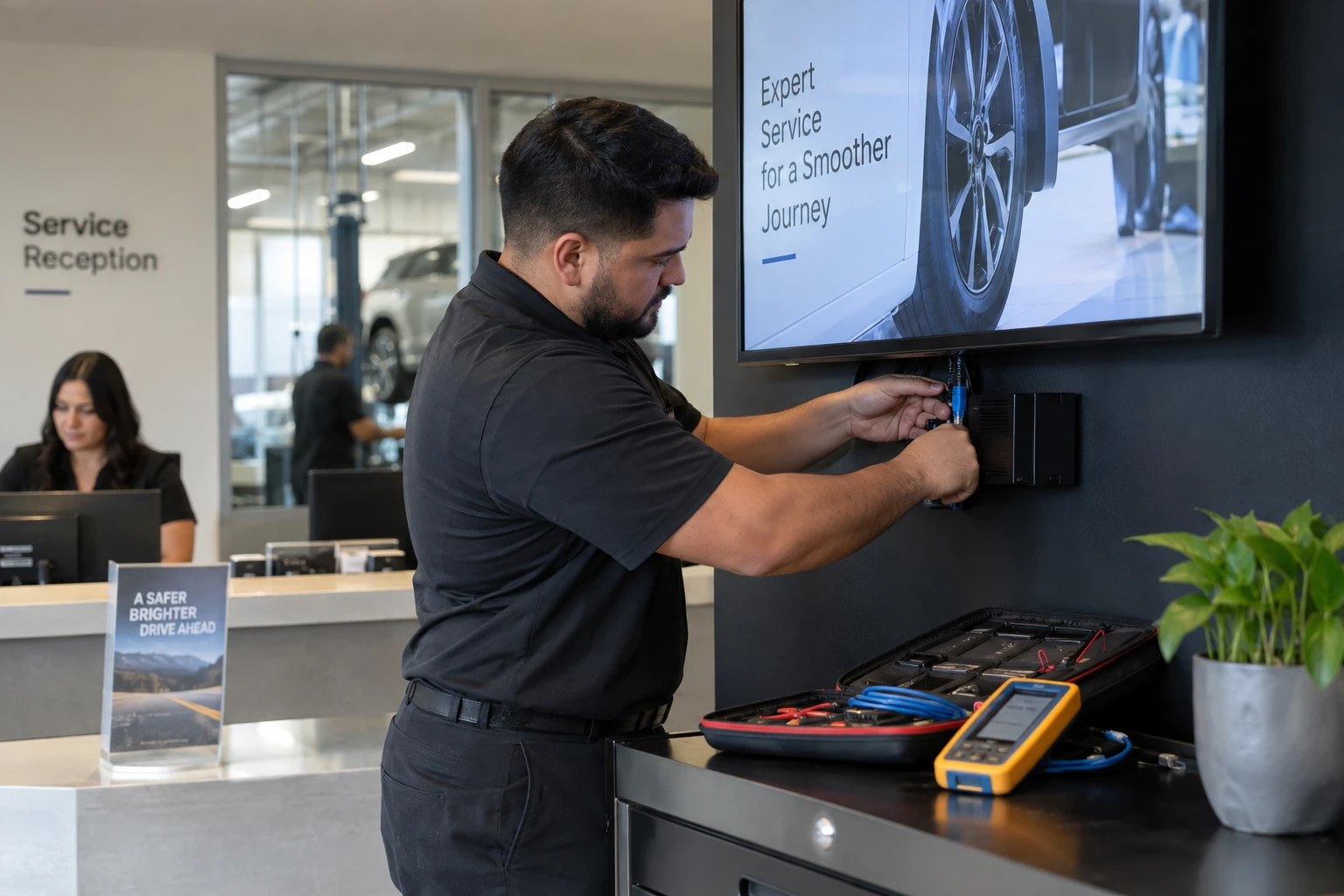 Technician checking a signage player at a customer site.