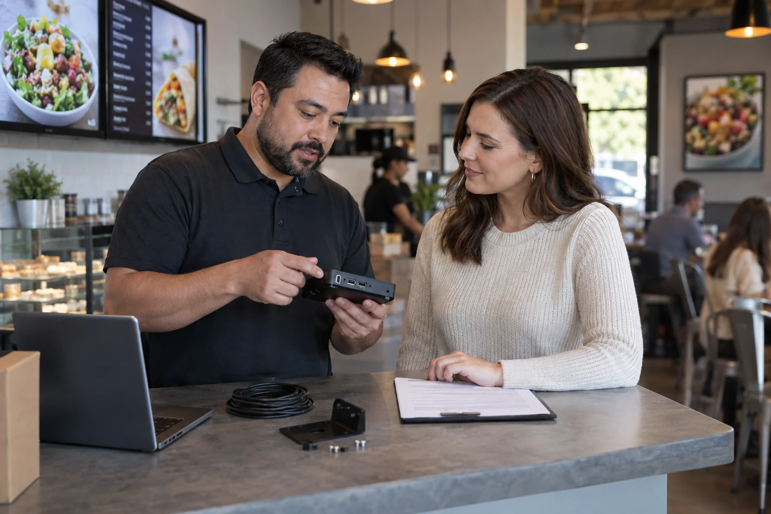 Provider and customer reviewing equipment-service responsibilities.