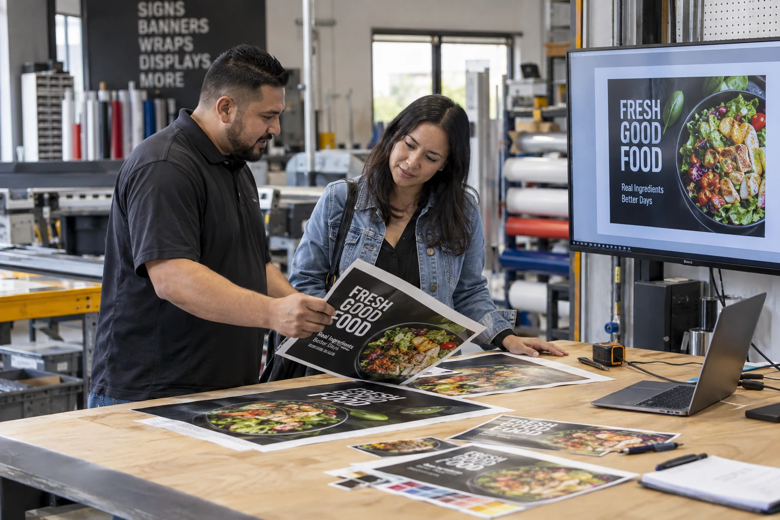 Sign-shop employee showing a digital display beside printed materials.
