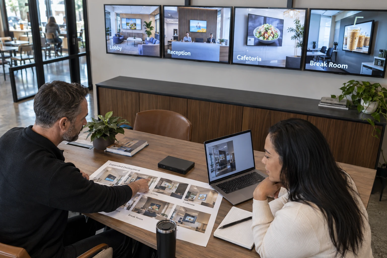 Coordinator and customer reviewing signage within a larger project.