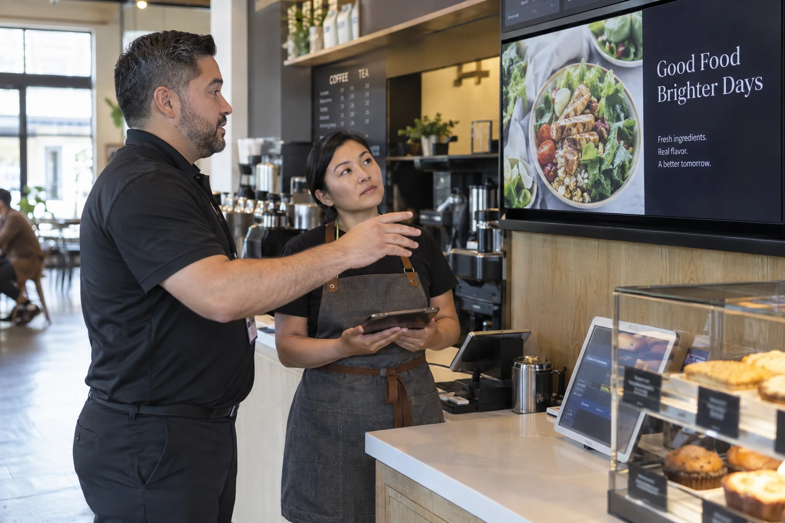 Provider explaining a signage offering to a retail manager.