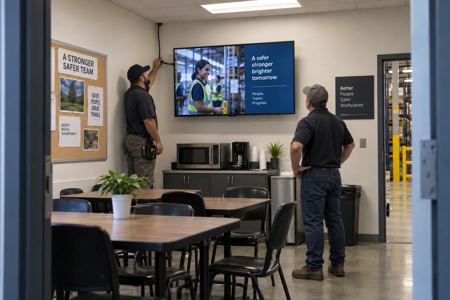 Installers checking an employee-information display in a warehouse break room
